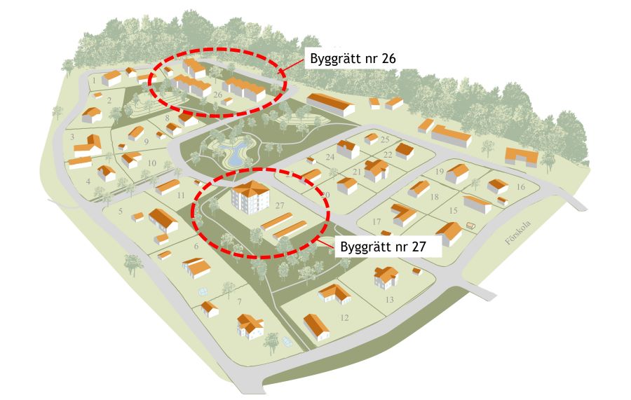 Illustration av bostadsområdet med de två byggrätterna för flerfamiljshus inringade med rött.